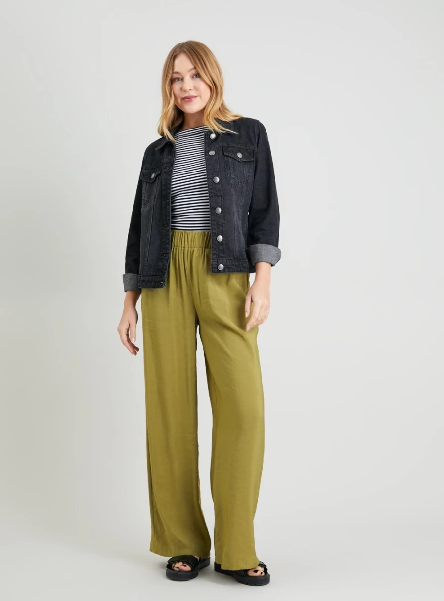 Tu Women's Dark Lime Crinkled Wide Leg Trousers - Eco-Friendly Tencel Modal Stretch Comfort Fit High Waist Casual Pants
