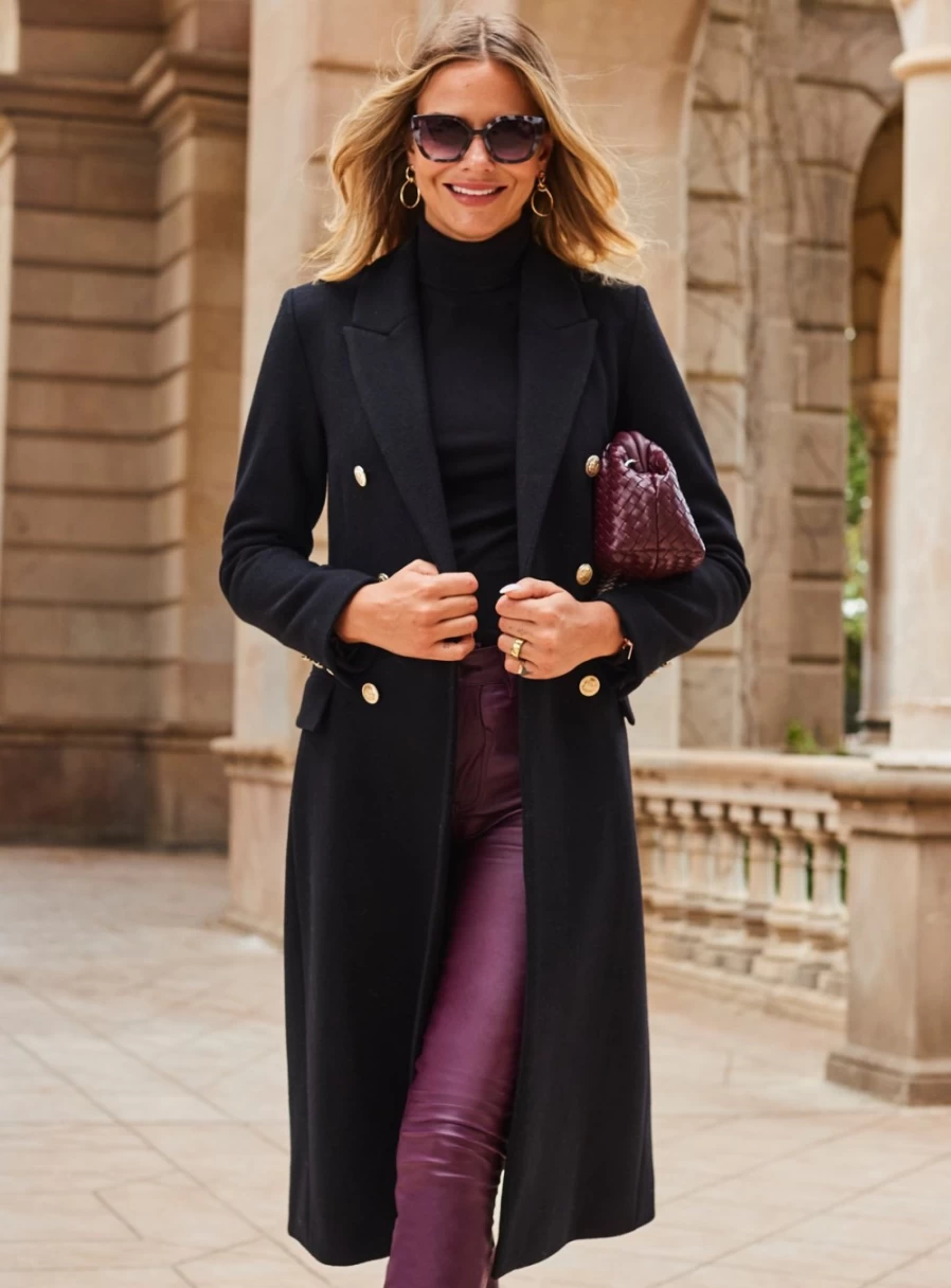 Sosandar Women's Black Fitted Longline Wool Coat - Size 14 | Slim Fit Winter Overcoat