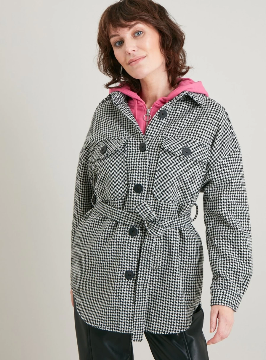 Tu Women's Mono Houndstooth Belted Shacket - Stylish Casual Jacket for Fall & Winter