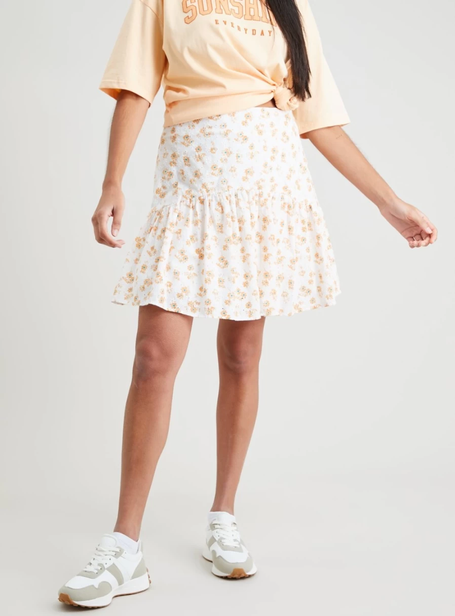 Tu Women's White & Orange Prairie Ruffle Skirt - Size 16, Boho Floral Print Summer Midi Skirt