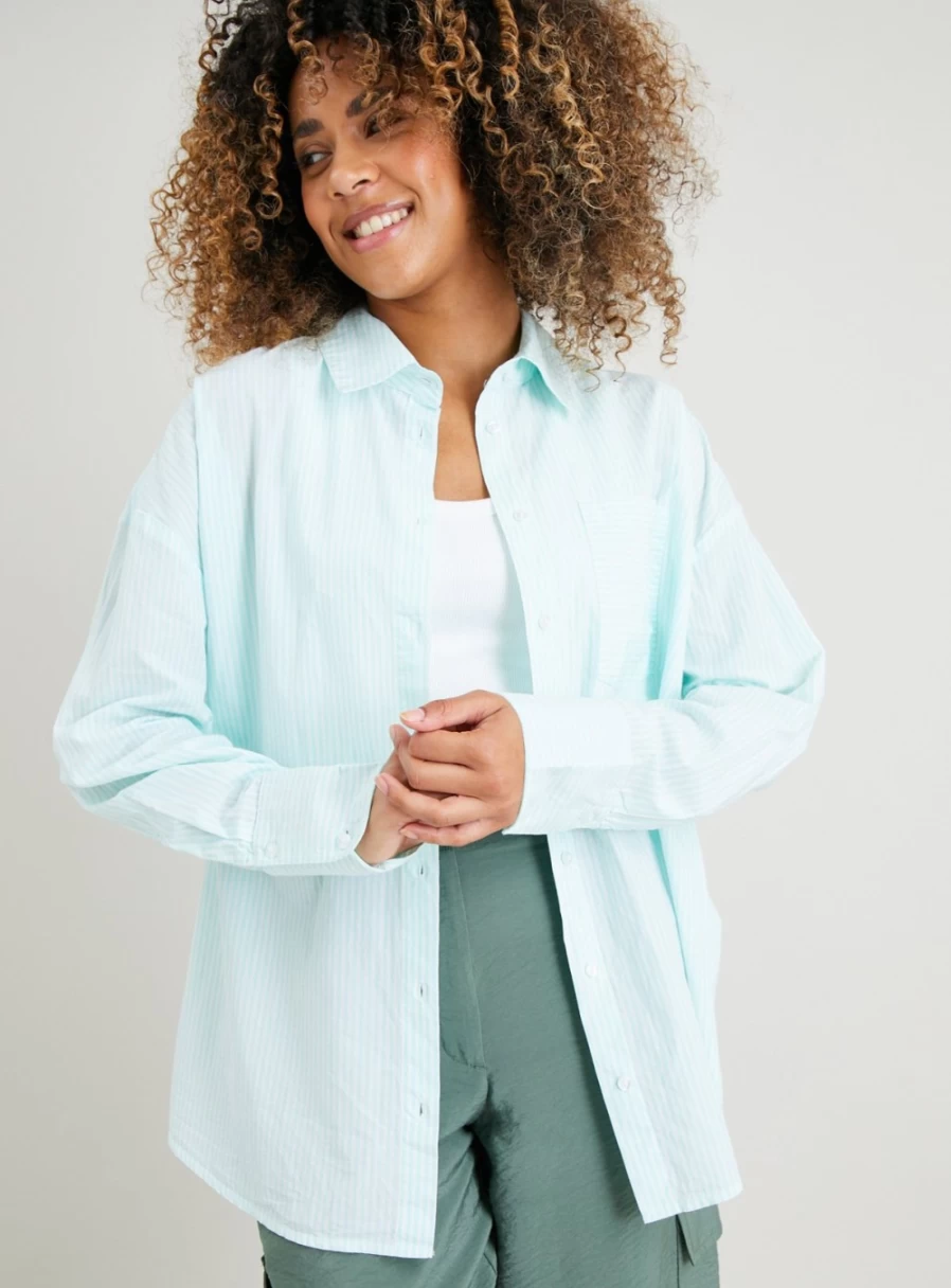 Tu Women's Mint Green Striped Oversized Poplin Shirt - Casual Long Sleeve Button Down Top