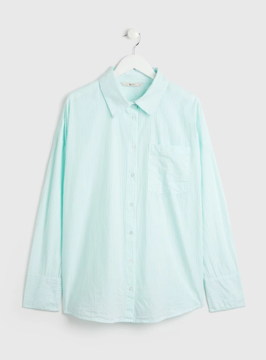Tu Women's Mint Green Striped Oversized Poplin Shirt - Casual Long Sleeve Button Down Top