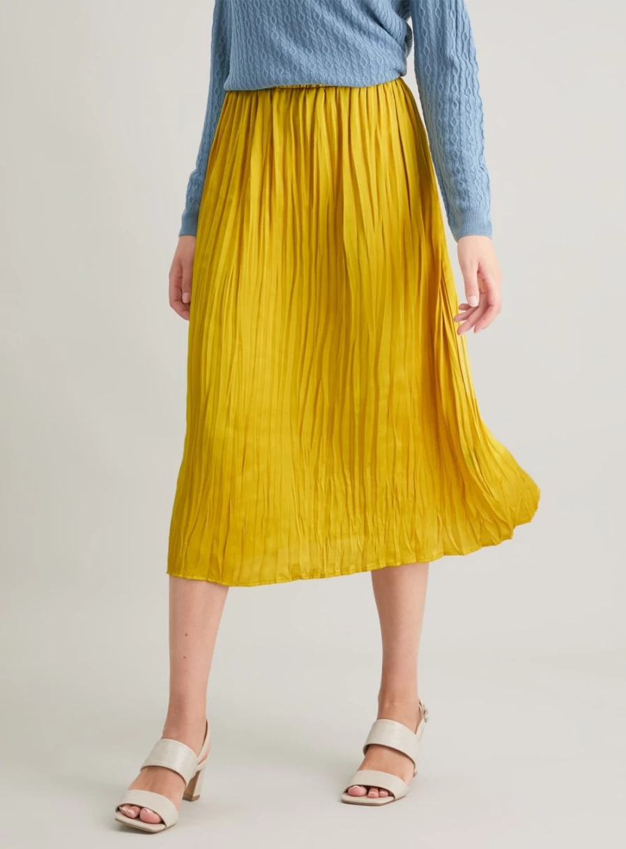 Tu Women's Chartreuse Green Crushed Satin Pleated Midi Skirt Size 14