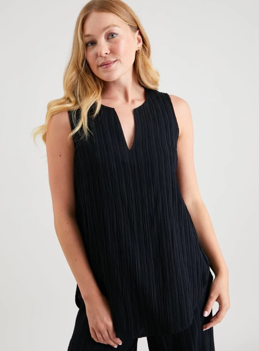 Tu Women's Black Textured Notch Neck Shell Top - Stylish Casual Blouse for Women