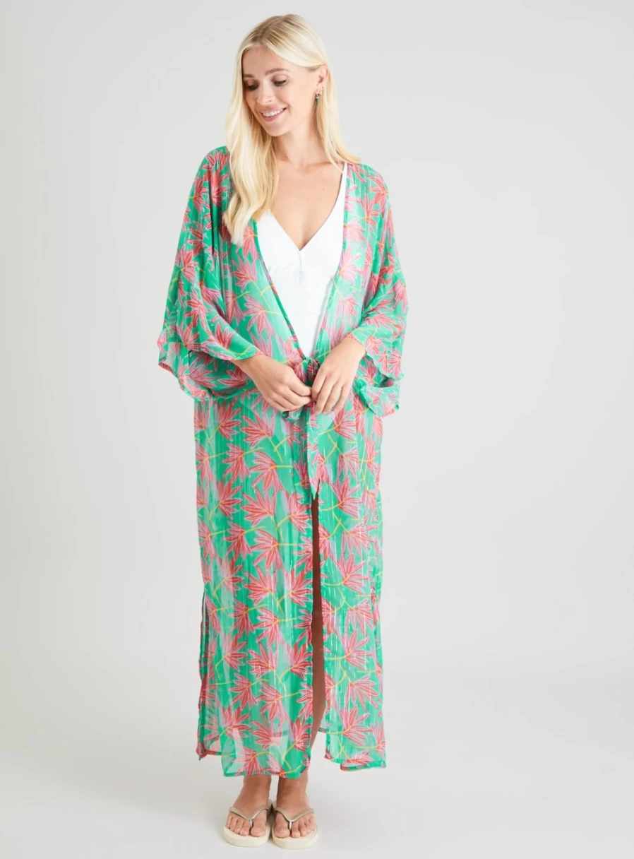"Tu Women's Green & Red Leaf Print Longline Cover Up Swimsuit Beach Dress XS"