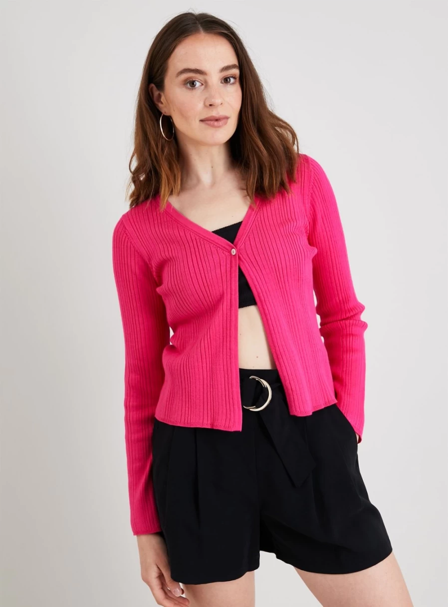 Tu Women's Pink Ribbed Lightweight Cardigan - Soft Stretch Knit Open Front Sweater