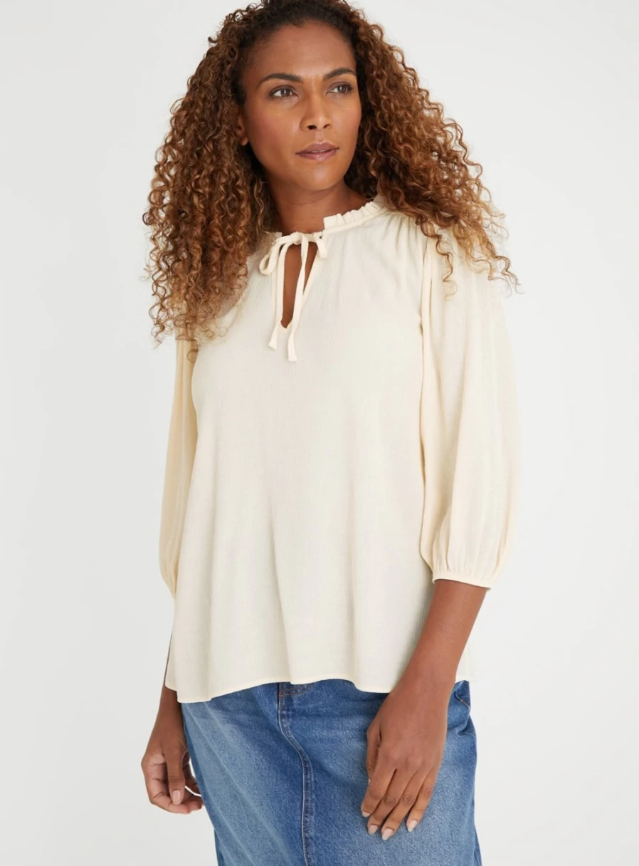 "Tu Women's Cream Crinkle Tie Neck Blouse - Elegant 10 Style"