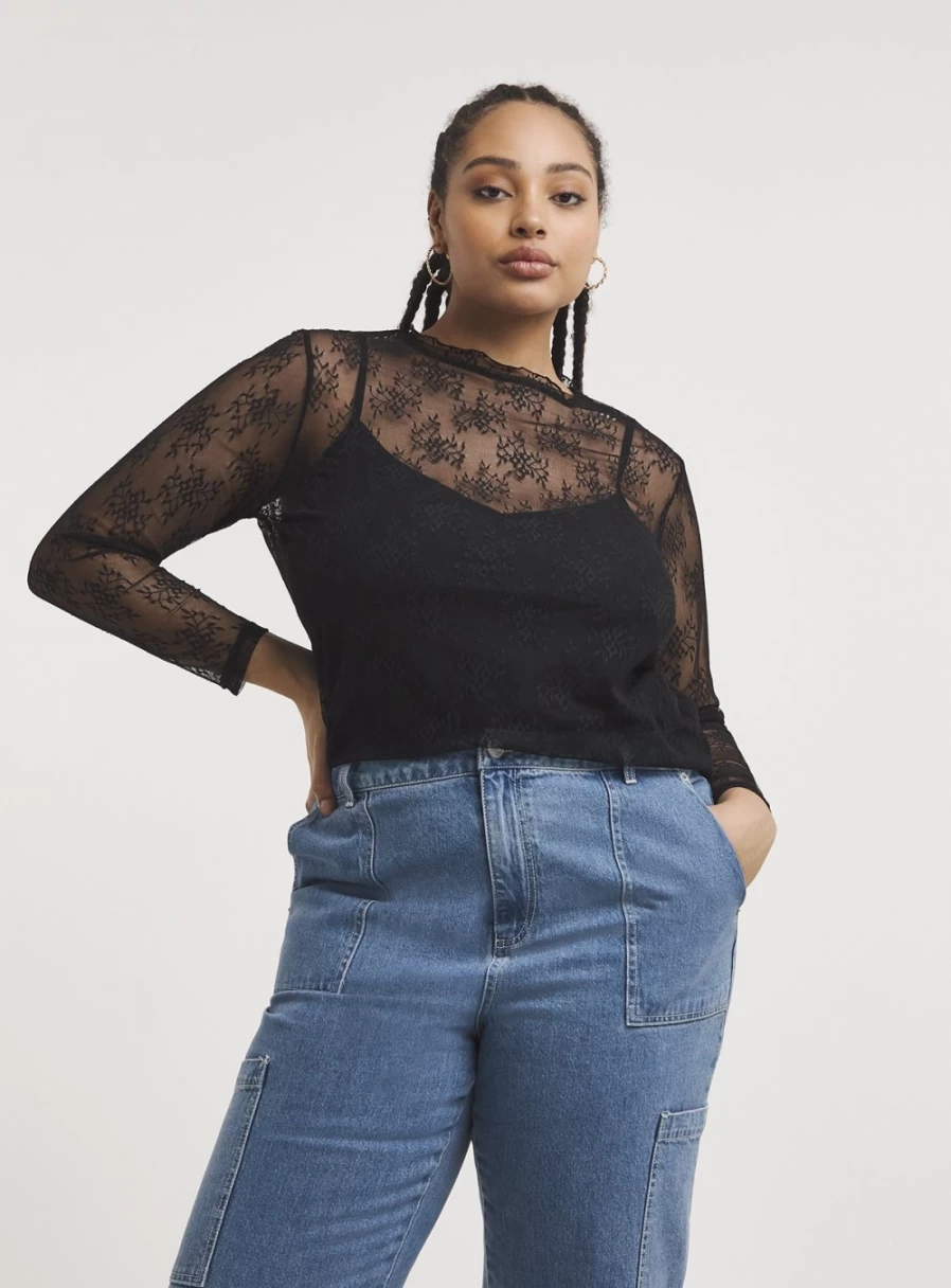 Simply Be Women's Black Lace Overlay Top - Elegant Feminine Blouse Size 26