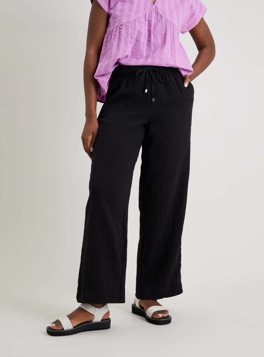 Tu Women's Black Wide Leg High-Waisted Double Cloth Trousers - Comfortable Plus Size 8L Pants for Casual Wear