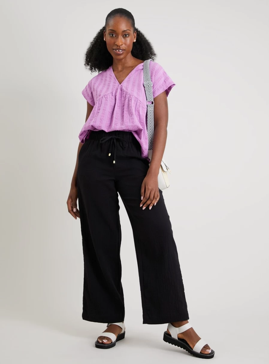 Tu Women's Black Wide Leg High-Waisted Double Cloth Trousers - Comfortable Plus Size 8L Pants for Casual Wear