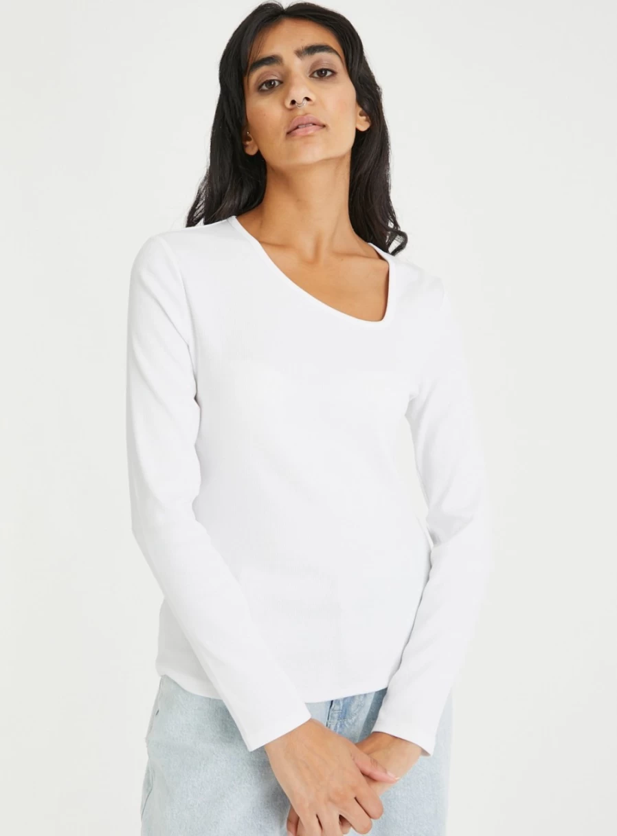 "TU Women's White Slim Fit Asymmetrical Neck Ribbed Top - Stylish Casual T-Shirt"