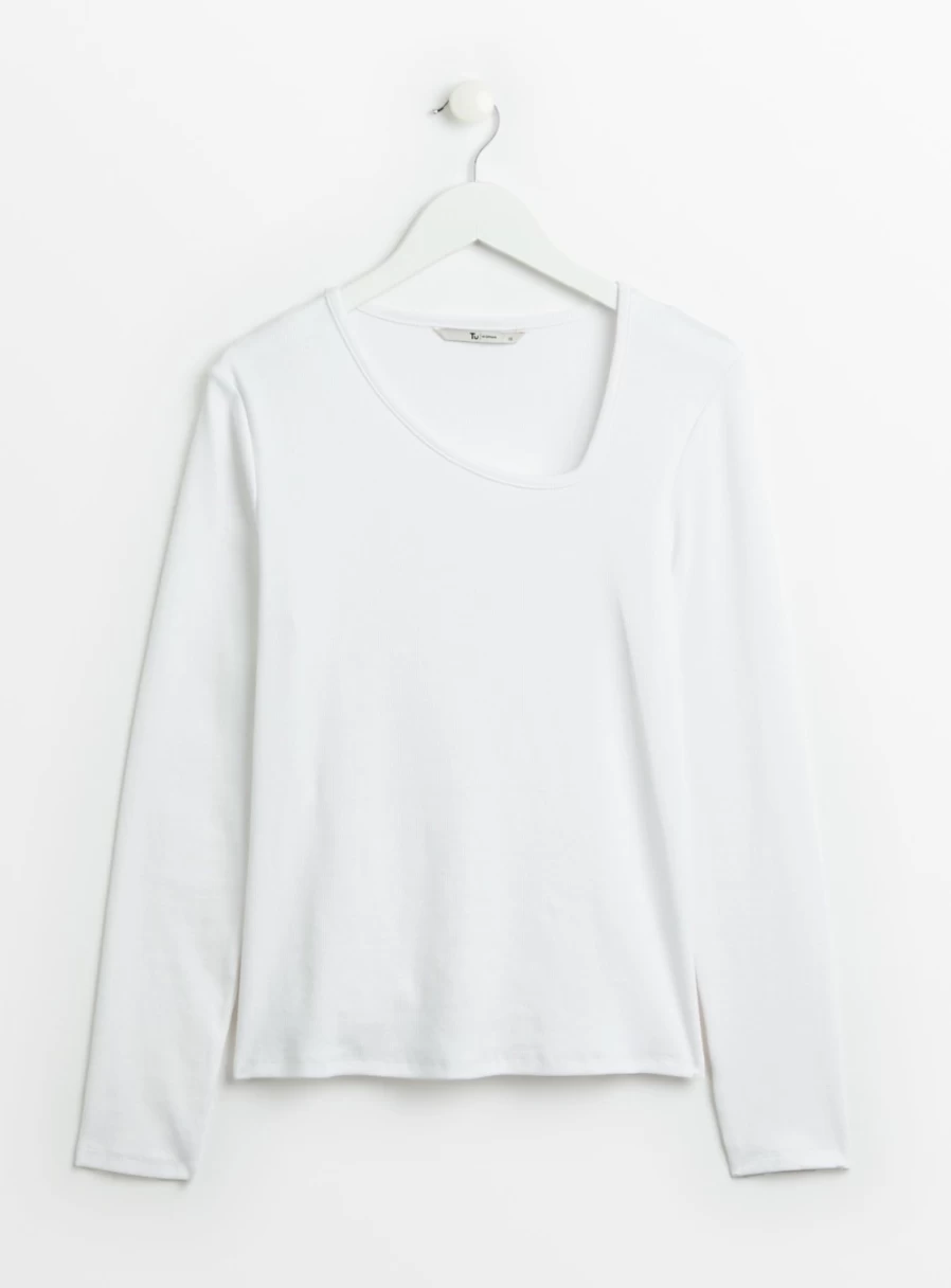 "TU Women's White Slim Fit Asymmetrical Neck Ribbed Top - Stylish Casual T-Shirt"