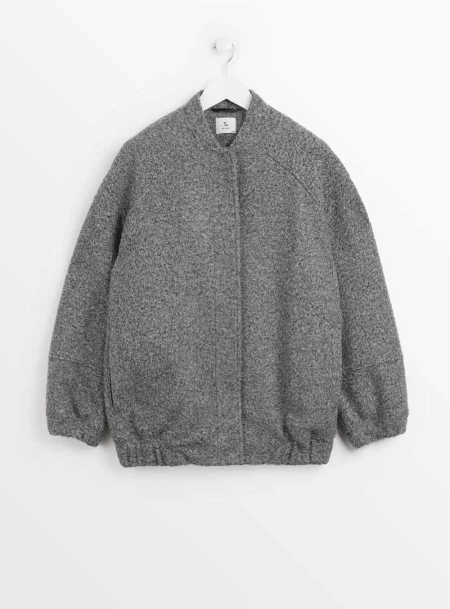 "Tu Women's Grey Boucle Bomber Jacket | Cozy Knit Outerwear | Fall Winter Fashion 2022"
