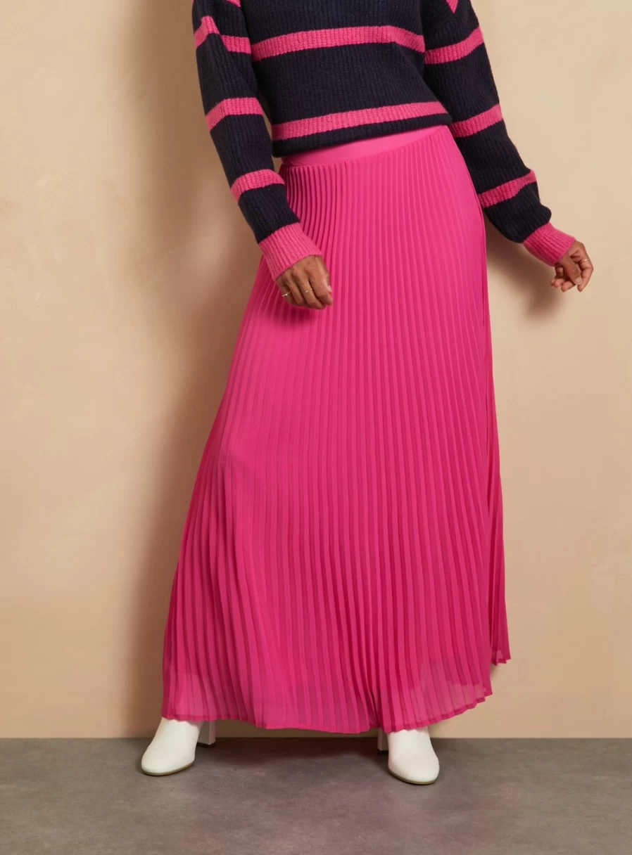 Everbelle Women's Pink Chiffon Pleated Maxi Skirt - Elegant Long Flowy Skirt Size 14