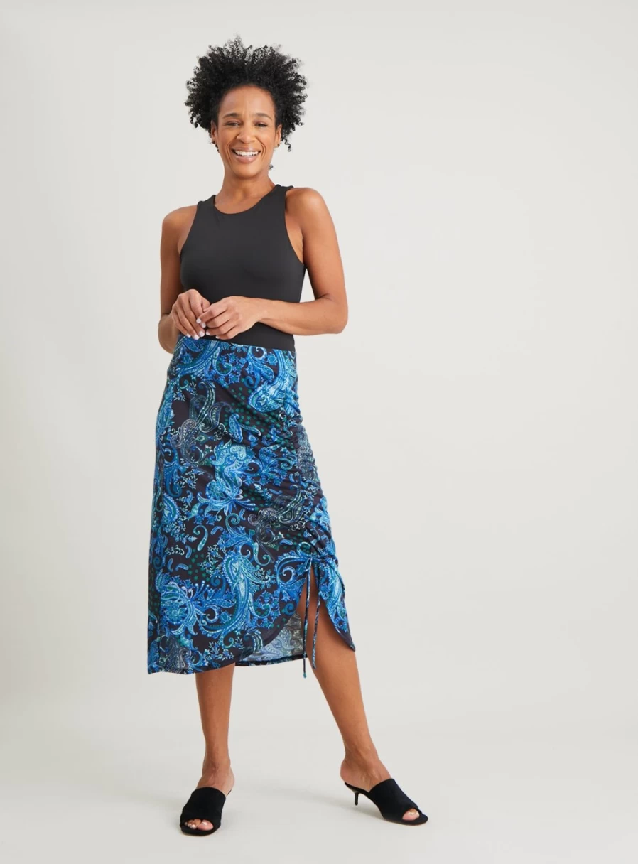 Tu Women's Blue Paisley Print Ruched Tie Waist Midi Skirt - Size 8 Floral Summer Dress