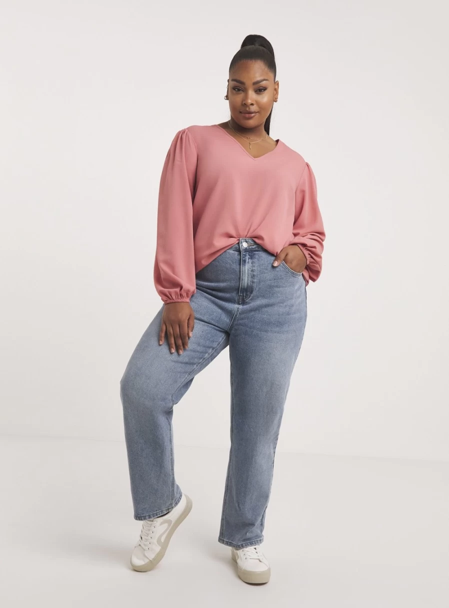 Simply Be Women's Rose Pink Long Sleeve V-Neck Boxy Top - Casual Relaxed Fit Blouse
