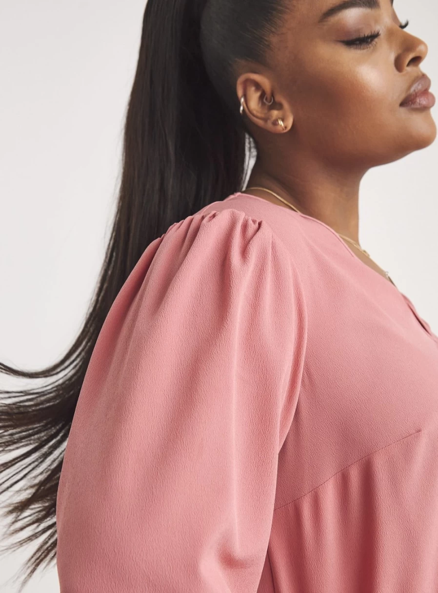 Simply Be Women's Rose Pink Long Sleeve V-Neck Boxy Top - Casual Relaxed Fit Blouse
