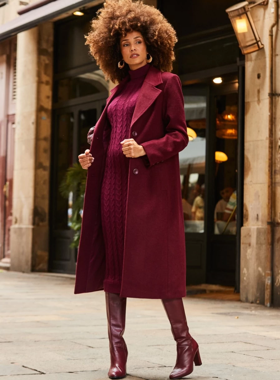 Sosandar Women's Premium Longline Wool Blend Coat in Wine Oatmeal - Winter Warm Trench Coat
