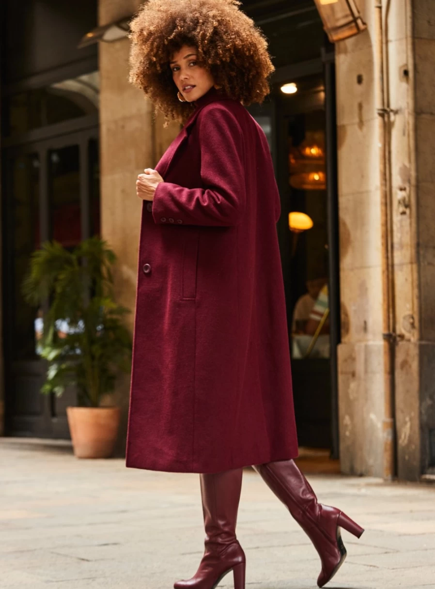 Sosandar Women's Premium Longline Wool Blend Coat in Wine Oatmeal - Winter Warm Trench Coat