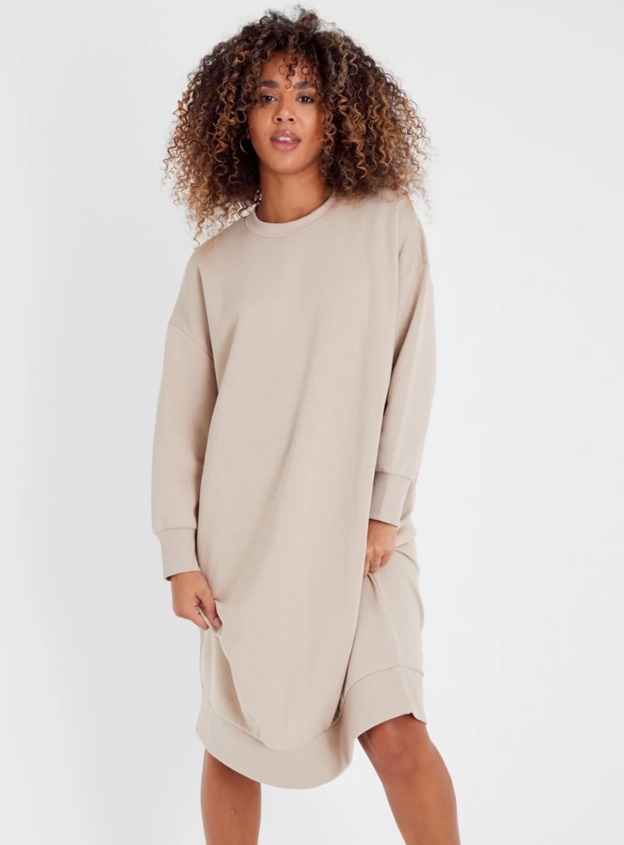 Tu Women's Oversized Tan Sweater Dress - Casual Long Sleeve Pullover Tunic Dress