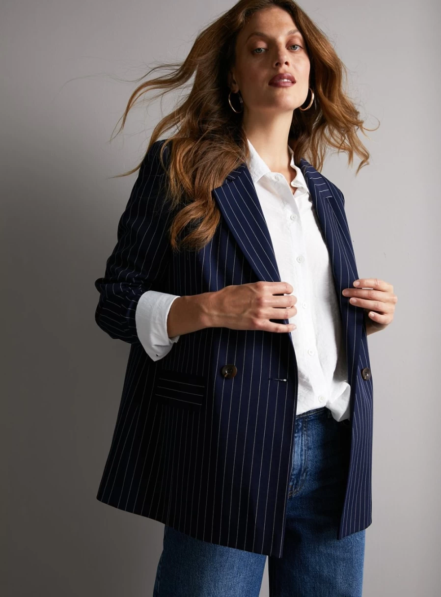 "Tu Women's Navy Pinstripe Double Breasted Blazer - Stylish Formal Coat 12"