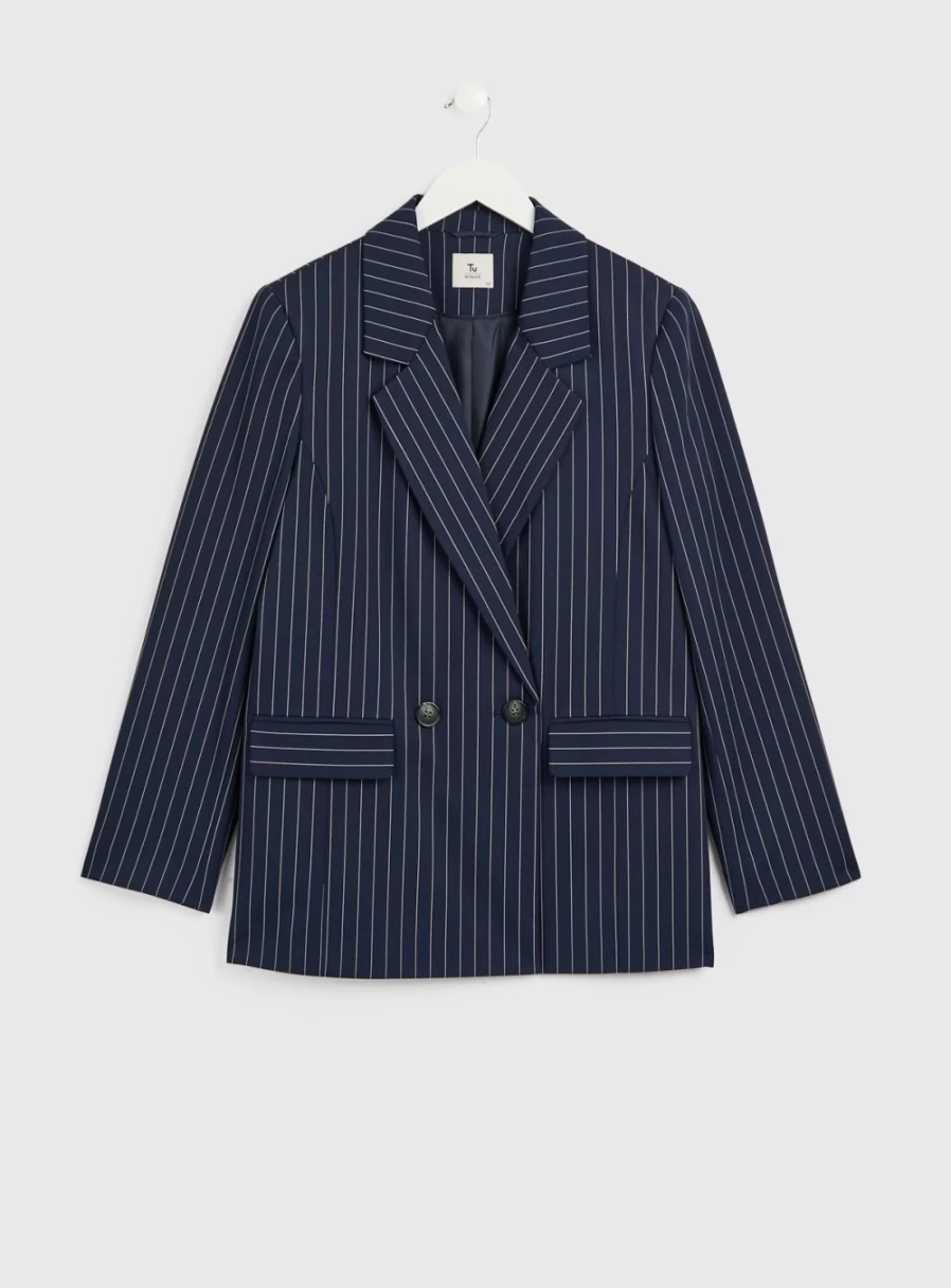"Tu Women's Navy Pinstripe Double Breasted Blazer - Stylish Formal Coat 12"