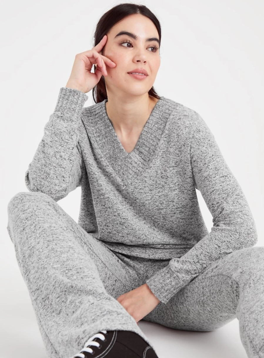 Tu Women's Grey Soft Touch V-Neck Coordinated Top - Comfortable Stretchable Casual Wear