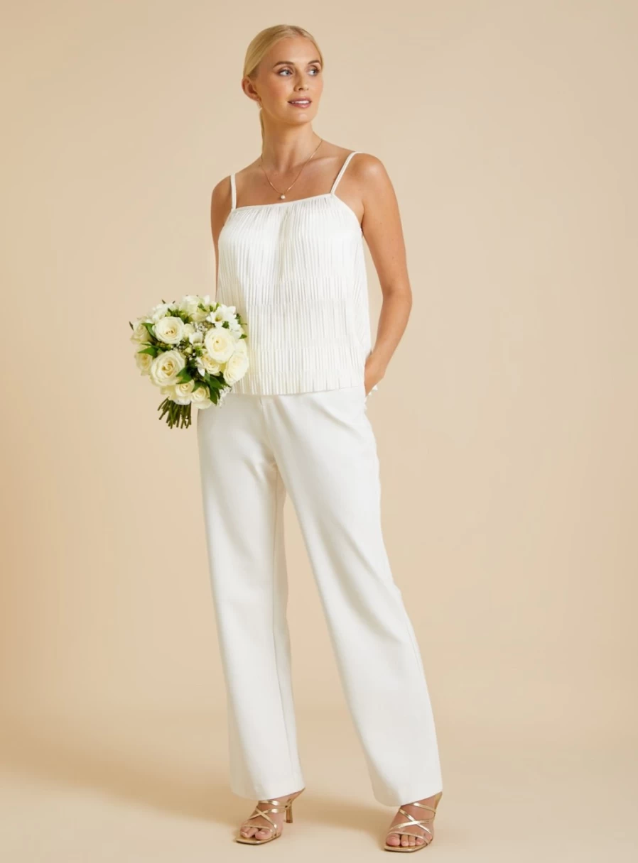 Tu Women's Bridal White Square Neck Plisse Cami Top - Elegant 8-Point Design