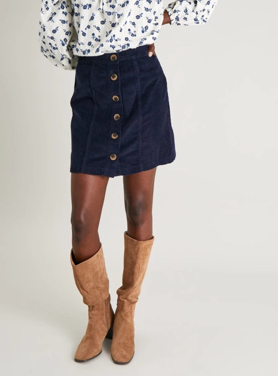 Tu Women's Navy Blue Corduroy Button Front Mini Skirt - Size 14 High Waist A-Line Vintage Style