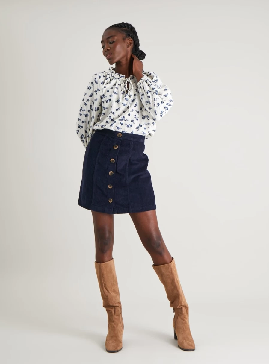Tu Women's Navy Blue Corduroy Button Front Mini Skirt - Size 14 High Waist A-Line Vintage Style