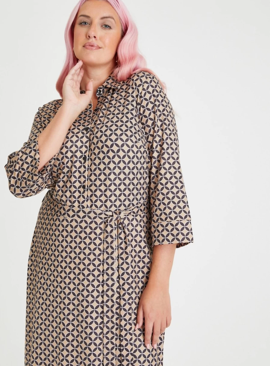 Tu Women's Gold Geometric Print Satin Shirt Dress - Size 14