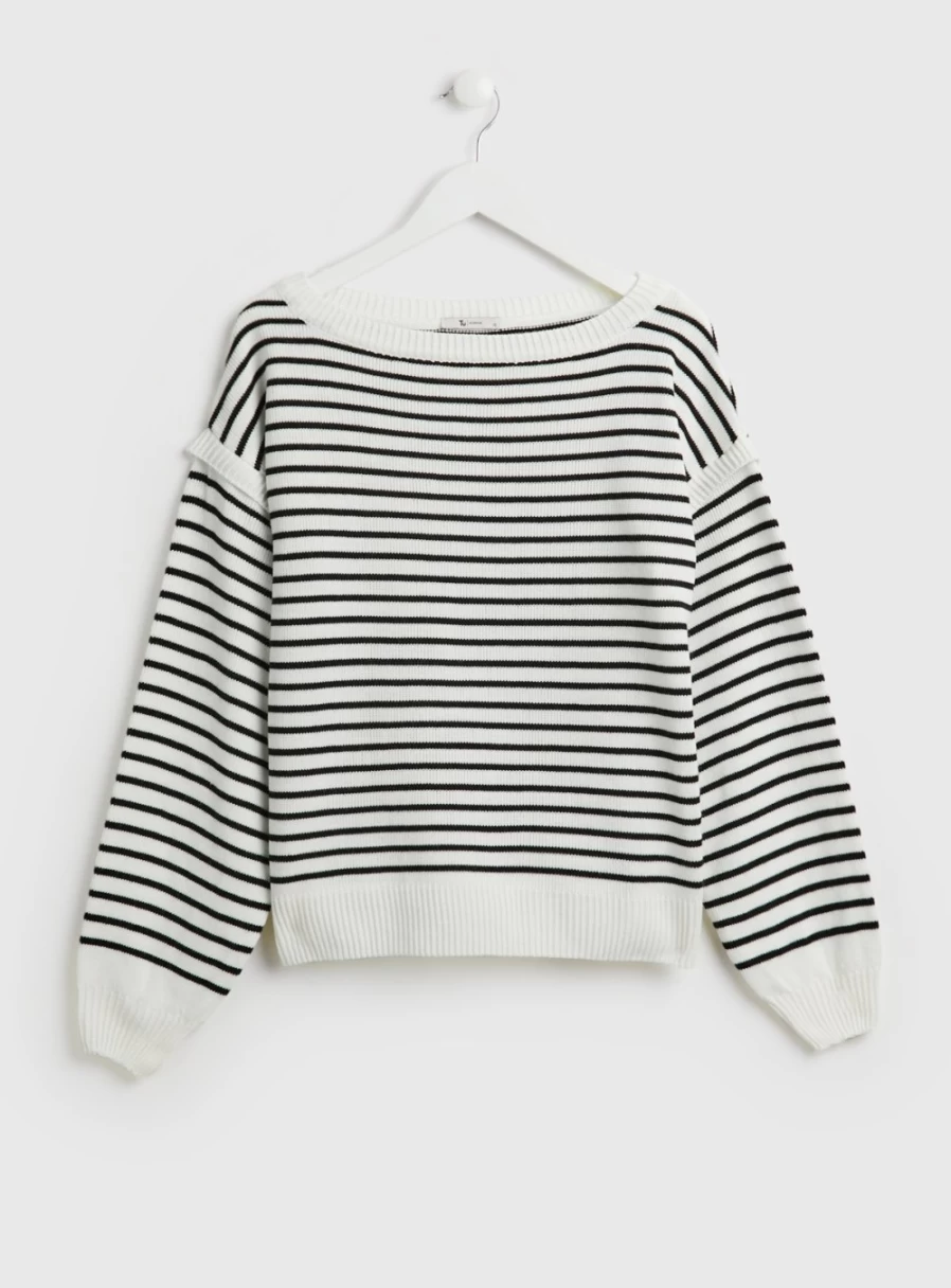Tu Women's Cream & Navy Striped Frill Sleeve Knit Jumper - Casual Chic Sweater