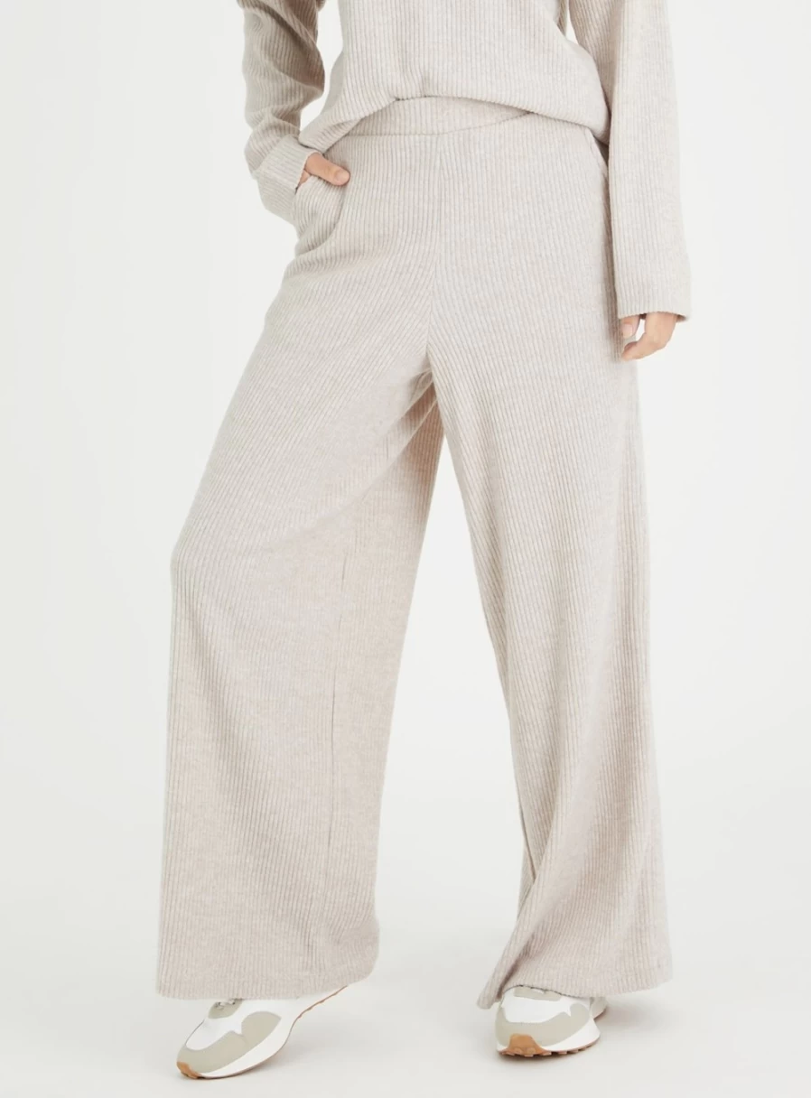"Tu Women's Neutral Ribbed Wide Leg Trousers - Soft Touch Comfort"