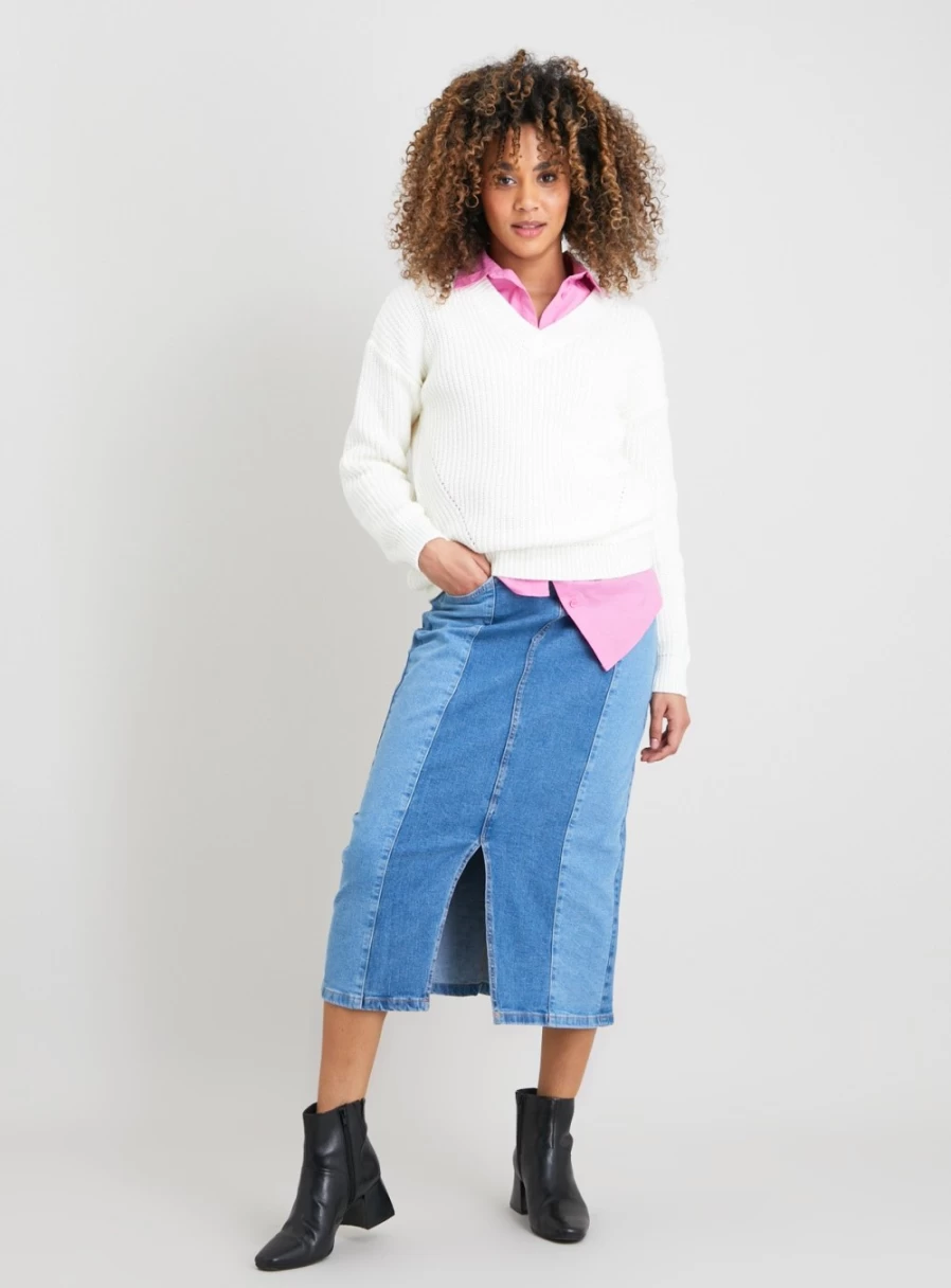 Tu Women's Mid Wash Blue Two-Tone Denim Pencil Skirt - Size 16, High Waist Slim Fit Stretch Denim Skirt for Women