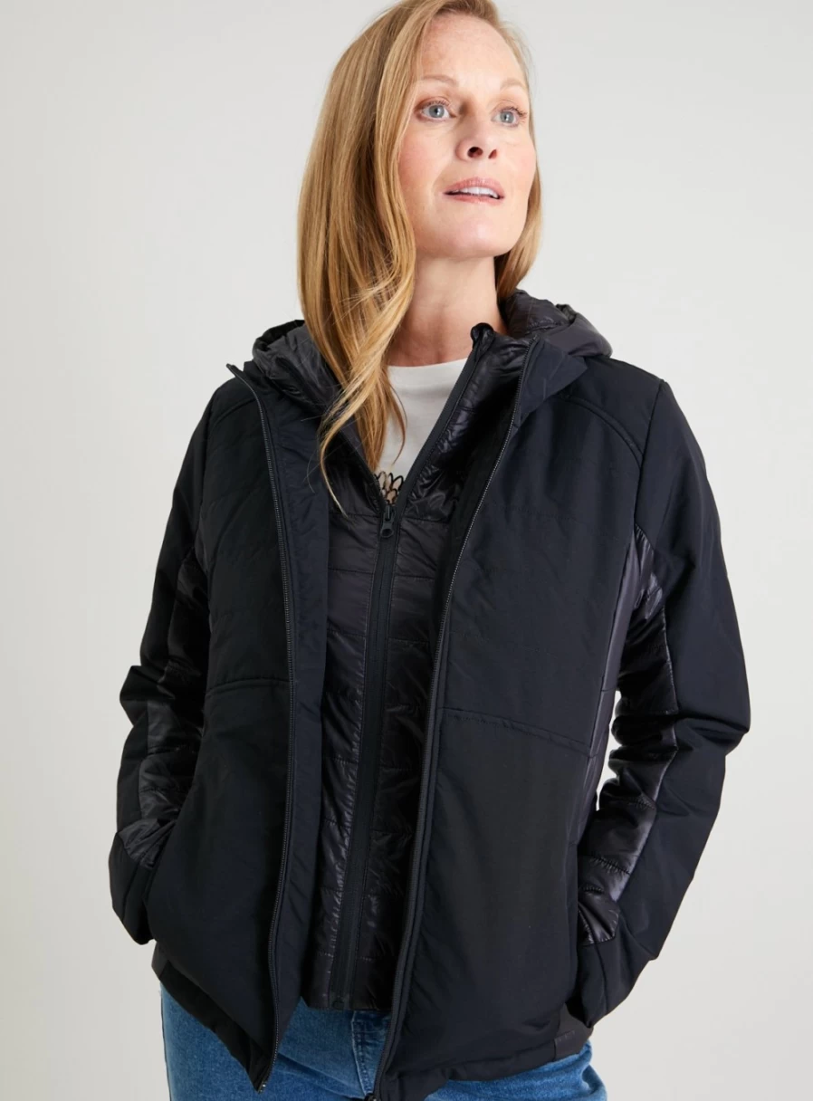 Tu Women's Black Hooded Active Jacket - Lightweight 14 Oz Water-Resistant Outdoor Sports Coat