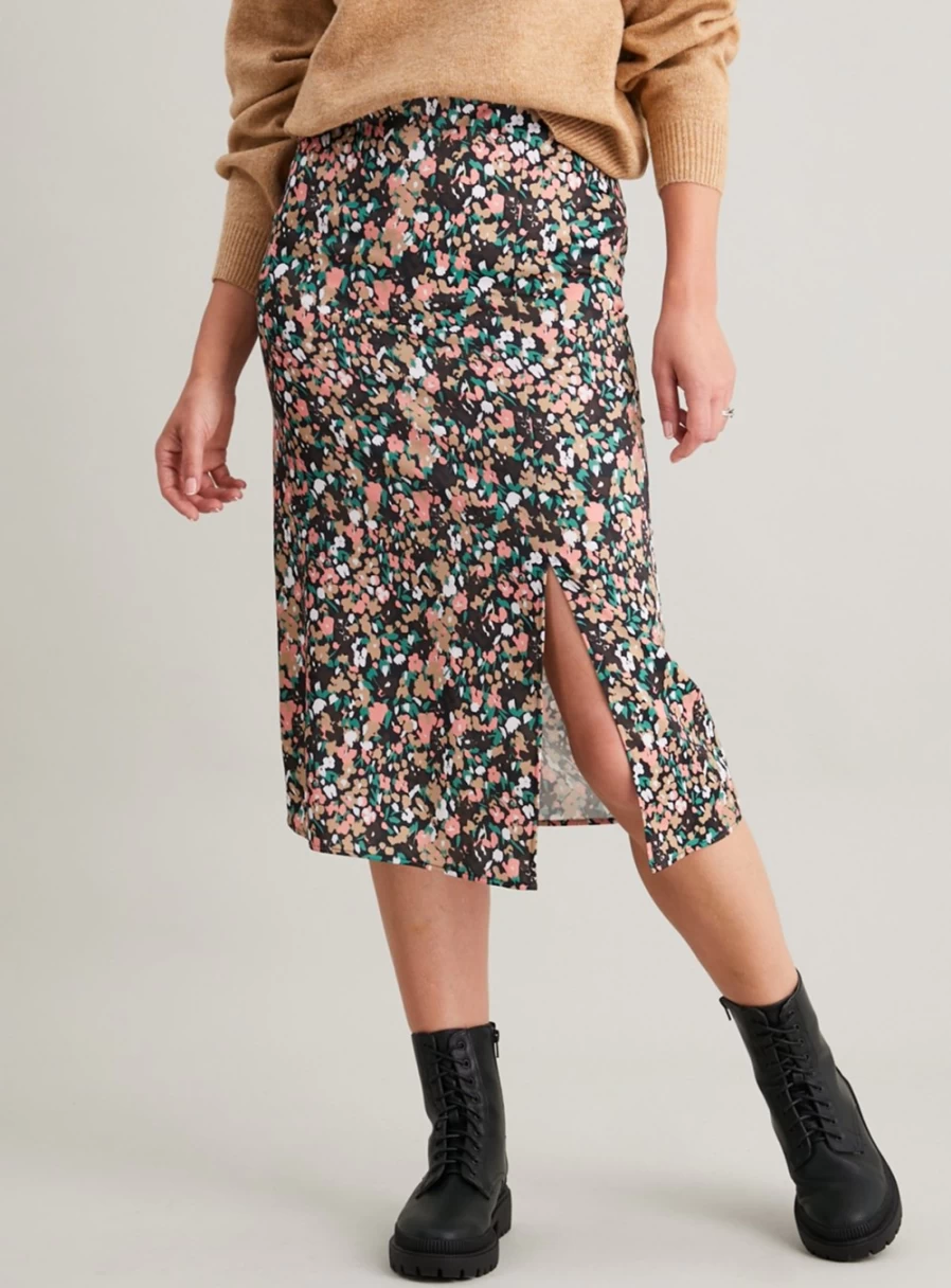 Tu Women's Brown Floral Satin Midi Skirt - Size 16, Elegant High Waist A-Line Skirt with Floral Print