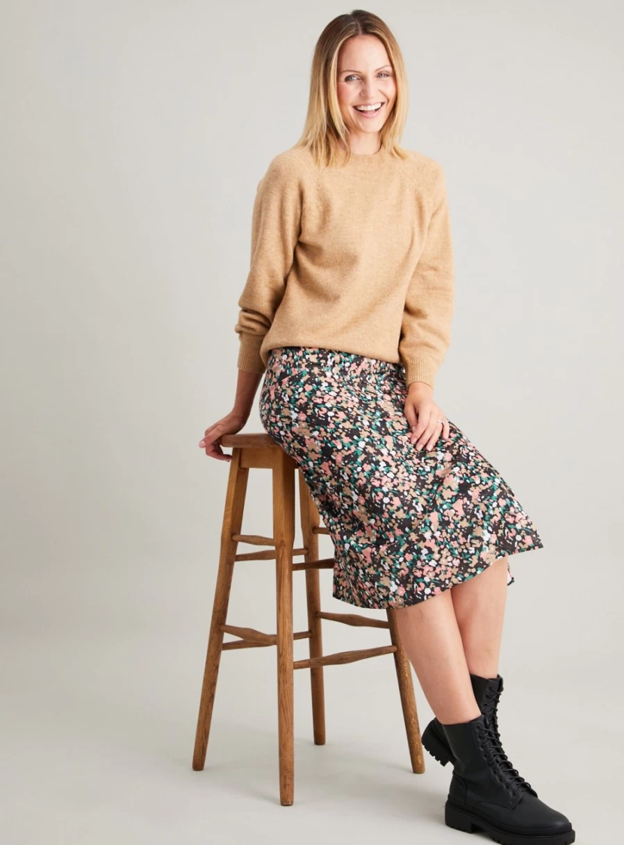 Tu Women's Brown Floral Satin Midi Skirt - Size 16, Elegant High Waist A-Line Skirt with Floral Print