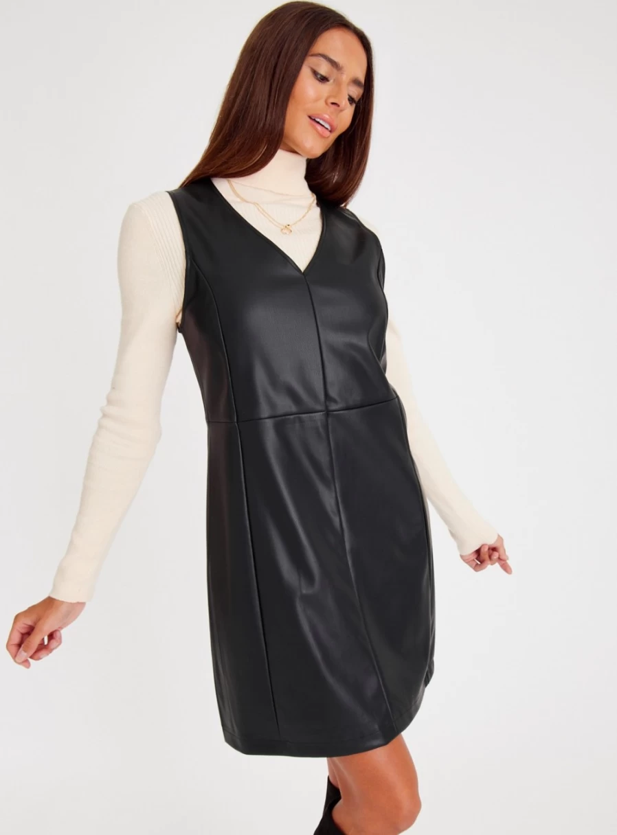 Tu Women's Black Faux Leather Pinafore Dress - Size 12 Stylish A-Line Jumper