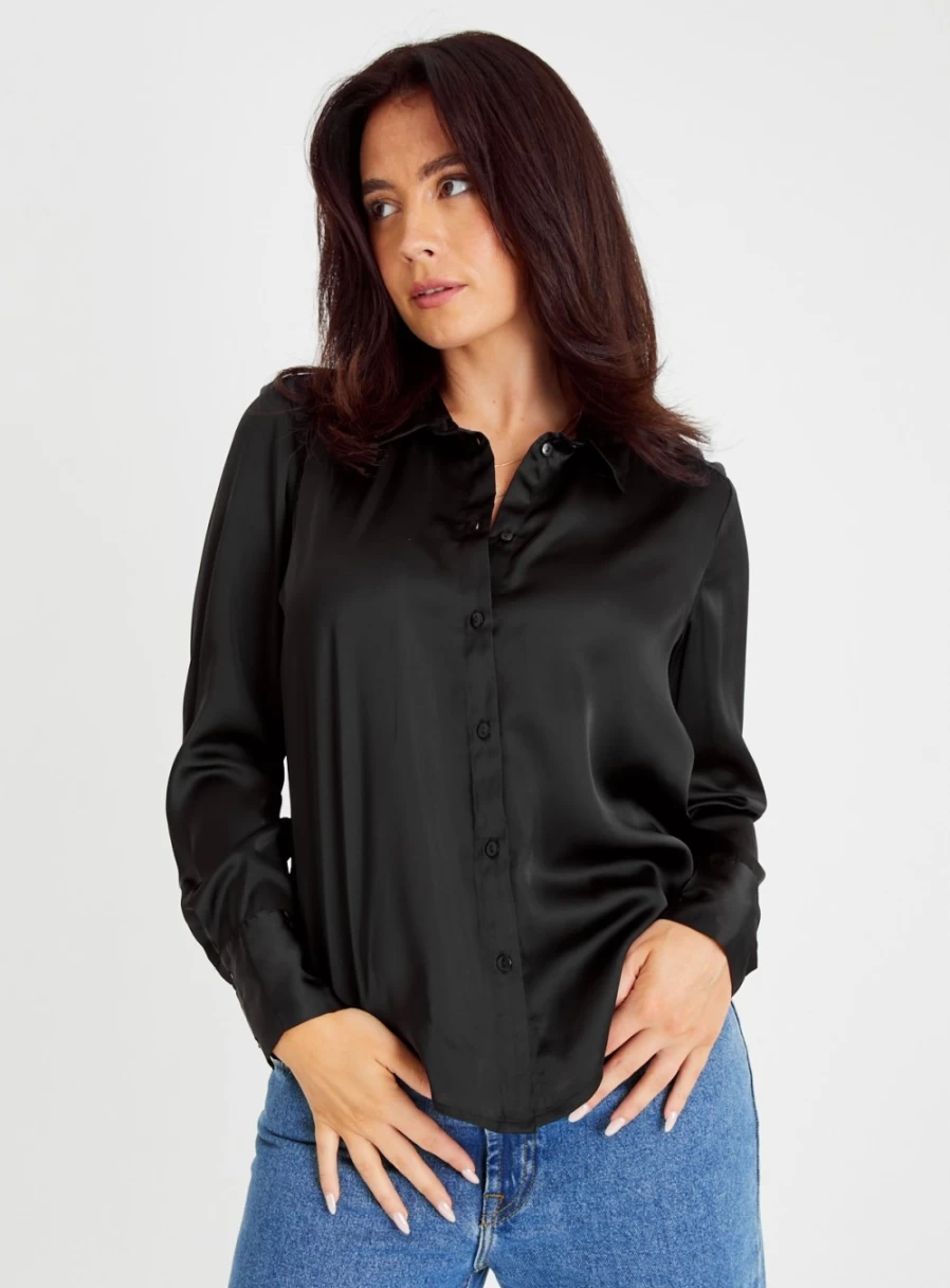 "Tu Women's Black Satin Shirt - Elegant Long Sleeve Blouse for Women"