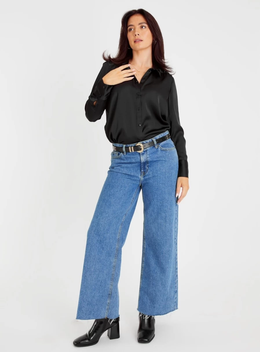 "Tu Women's Black Satin Shirt - Elegant Long Sleeve Blouse for Women"