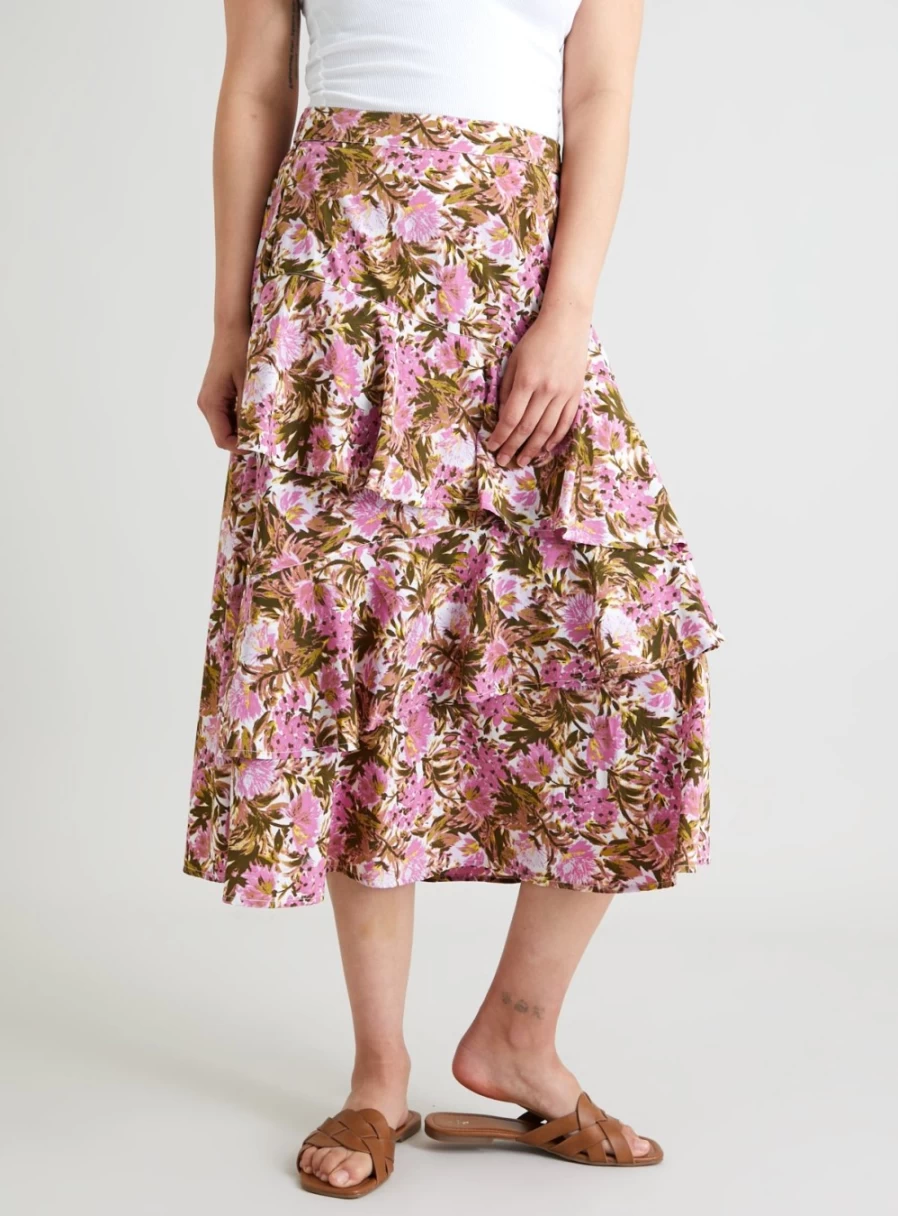 Tu Women's Prairie Floral Ruffle Trim Midi Skirt - Boho Chic Flowy Summer Dress