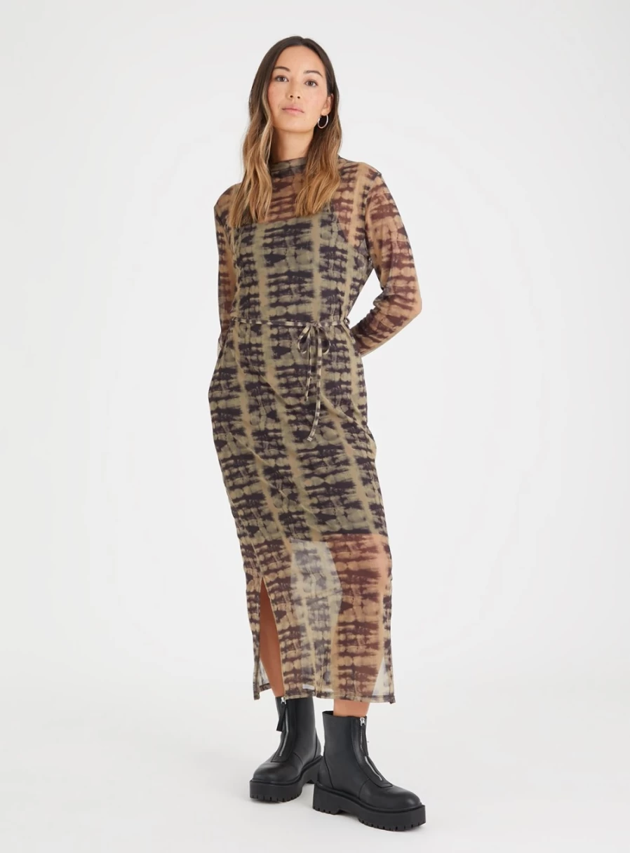 "Tu Women's Khaki Tie-Dye Mesh Maxi Dress - Boho Chic Style"