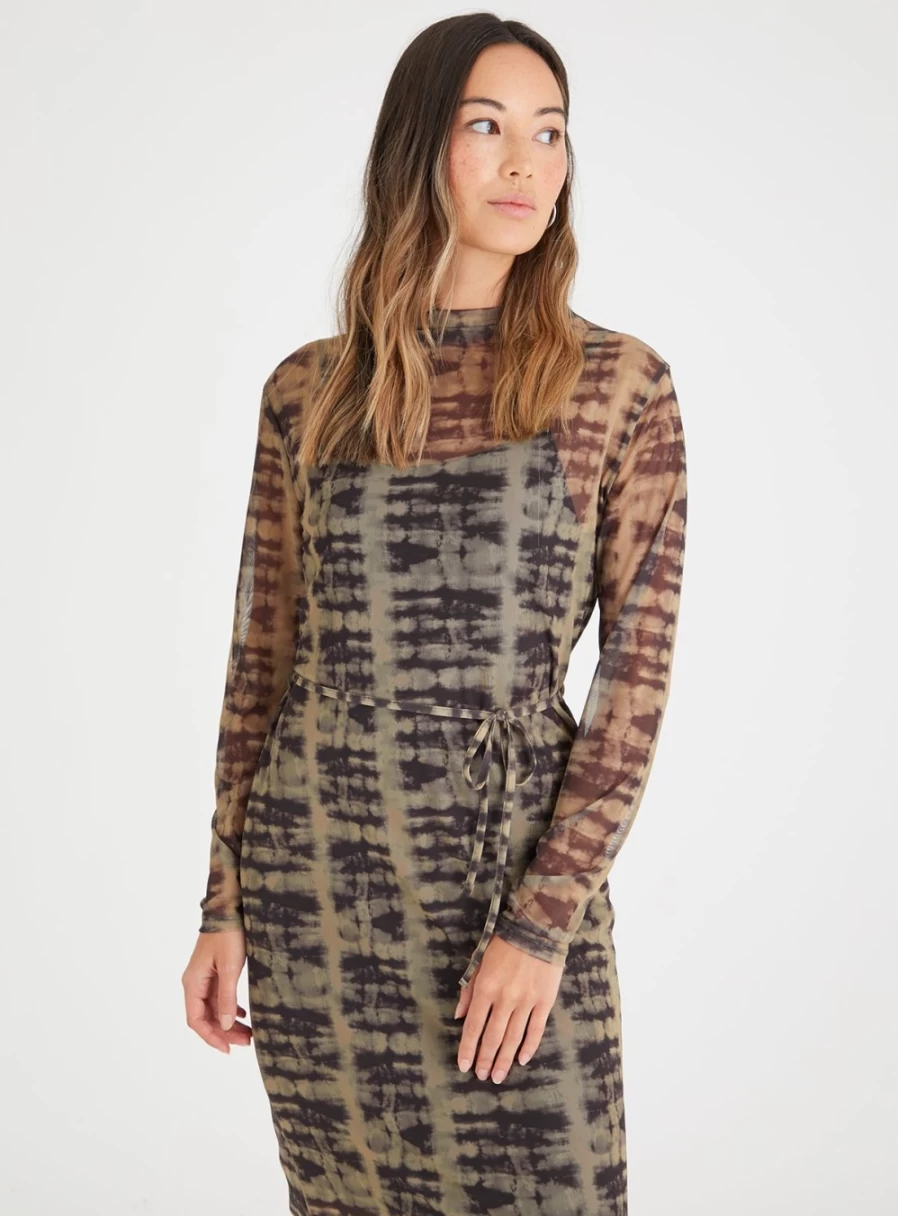"Tu Women's Khaki Tie-Dye Mesh Maxi Dress - Boho Chic Style"