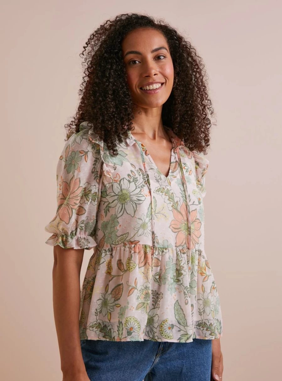 Tu Women's Floral Dobby Chiffon Blouse with Frill Details - Size 16