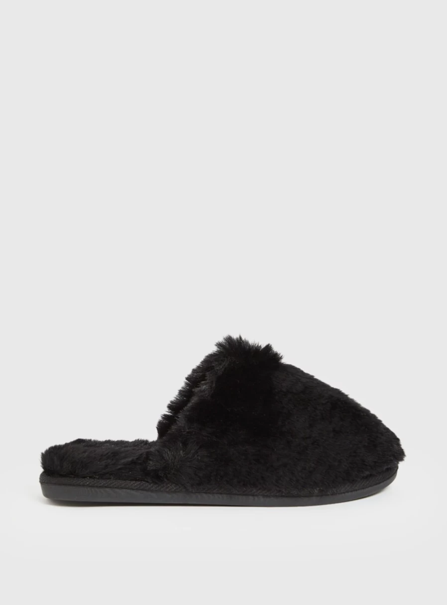 Women's Black Faux Fur Mule Slippers by Tu - Cozy Indoor Slide Shoes for Women
