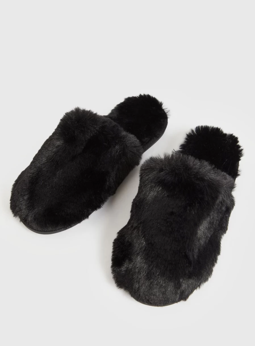 Women's Black Faux Fur Mule Slippers by Tu - Cozy Indoor Slide Shoes for Women