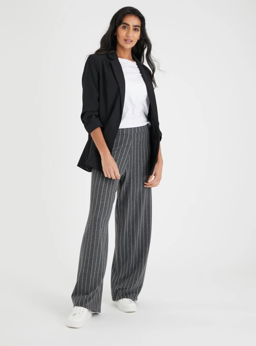 Tu Women's 20s Grey Pinstripe Wide Leg Trousers - Vintage High Waist Palazzo Pants