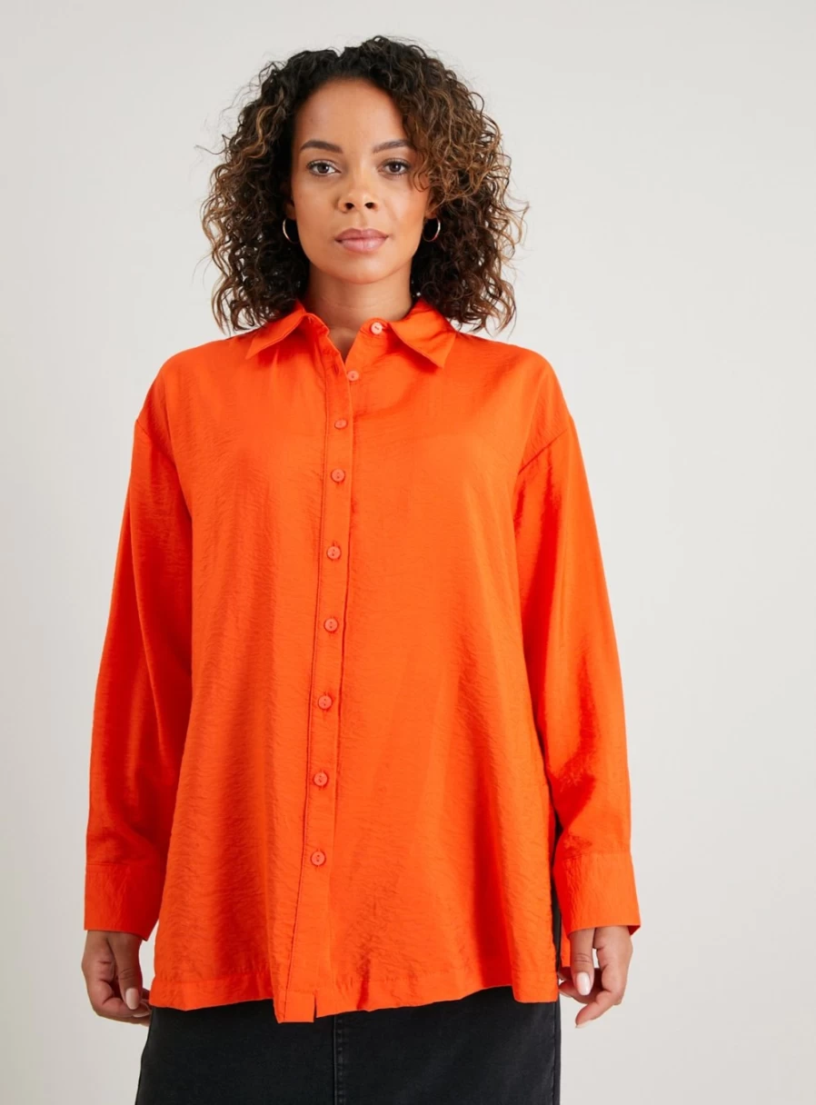 Tu Women's Orange Oversized Crinkle Shirt - Stylish Loose Fit Casual Top