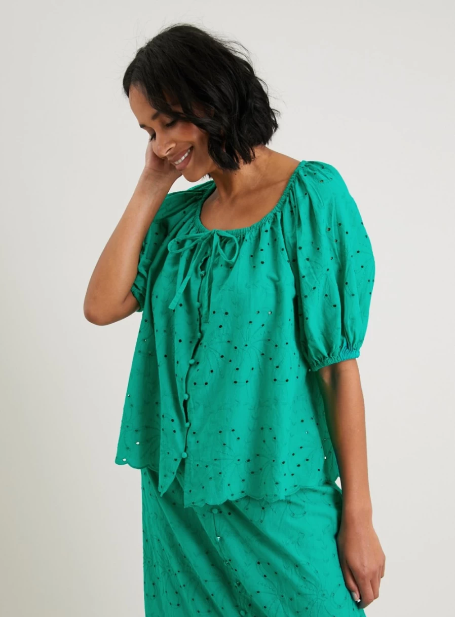 Tu Women's Green Broderie Puff Sleeve Blouse - Floral Embroidered Top with Coordinated Design, Size 14