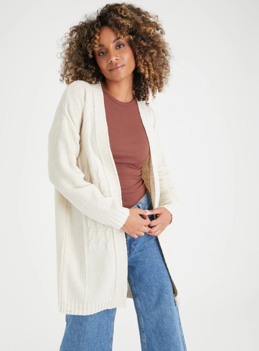 Tu Women's Cream Patchwork Cable Knit Longline Cardigan - Cozy Oversized Sweater 18